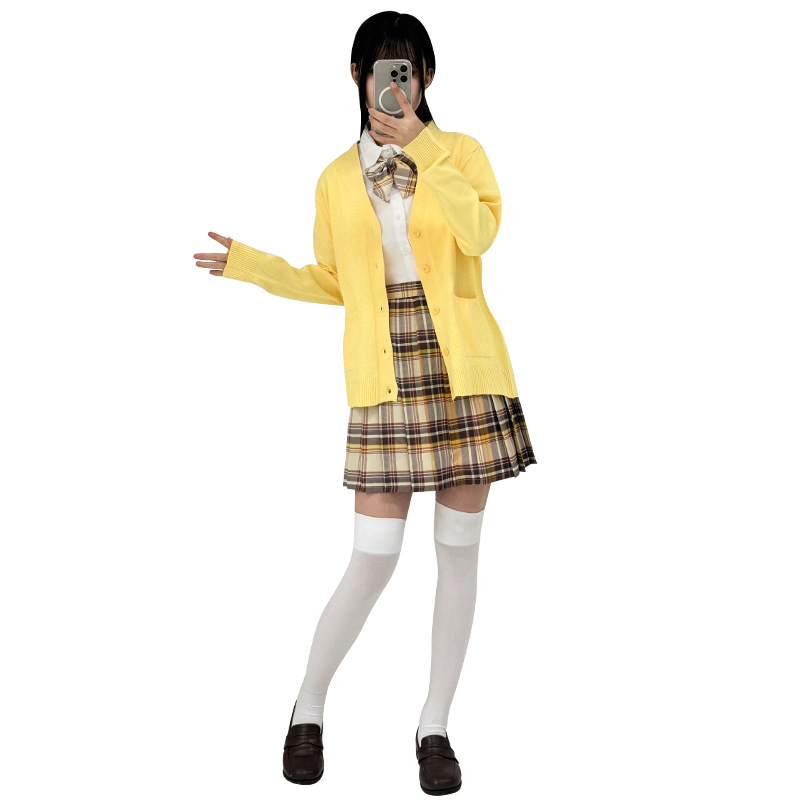 봄 밝은 노란색 카디건 짧은 소매 셔츠 주름 치마 JK 유니폼 스커트 세트 부드러운 왁스 같은 느슨한 JK 외부 스웨터