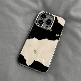 For Apple 16 Black and White Cat Mobile Phone Shell 14 Feather Yarn 15 Personality 13 Niche 12 New 11 Simple Advanced