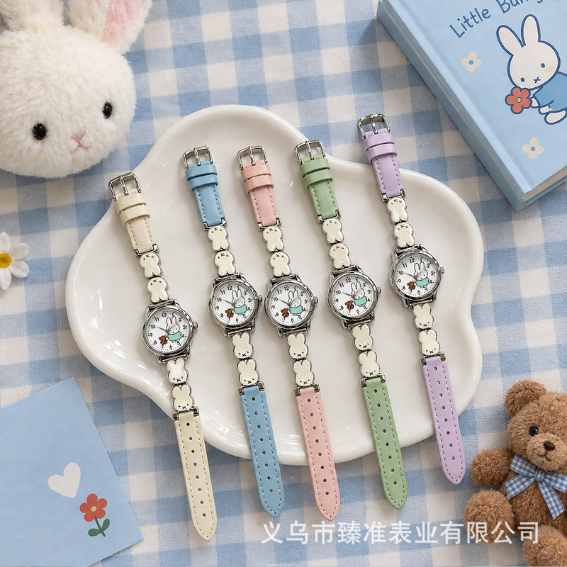 Wholesale children's watches: fashionable and versatile, featuring a Miffy rabbit design, a leather strap, a metal band, and a cute, cartoon-style quartz movement, perfect for students and girls