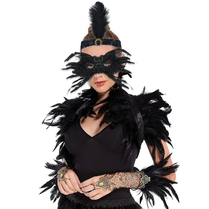 Máscara de plumas estilo gótico para fiesta, encaje calado, protector de brazo, diadema elástica con lentejuelas, estilo oscuro TK