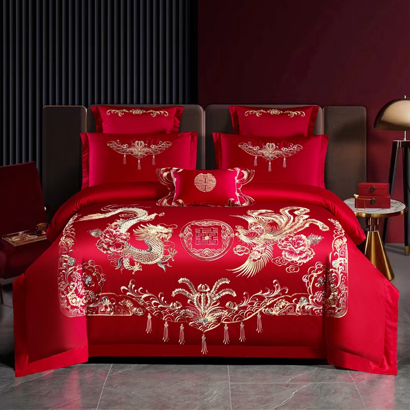 algodón molido de alta gama, bordado de bodas, algodón puro, cuatro piezas, ropa de cama de boda roja, lujo ligero