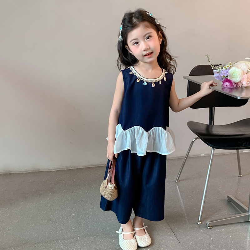 Girls Denim Suit Summer Style 2025 New Style Girls' Fashionable Thin Tencel Sleeveless Wide-Leg Pants Two-Piece Set Trendy