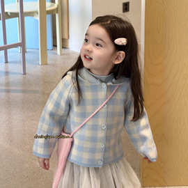 大小卷女童小众气质刺绣格子毛衣开衫儿童春季洋气纯毛线上衣针织