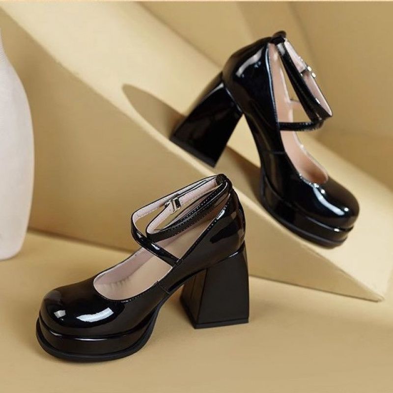 (2개) 여성을위한 프랑스 복고풍 메리 제인 신발 작은 사람들을위한 새로운 둥근 발가락 두꺼운 뒤꿈치 신발 방수 플랫폼 하이힐 작은 가죽 신발