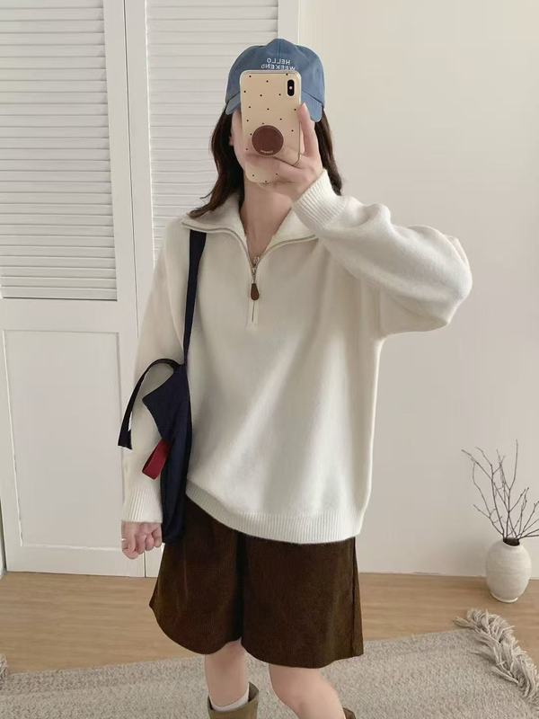 韩系半拉链翻领套头毛衣女2025秋冬季新款宽松百搭针织衫上衣|undefined