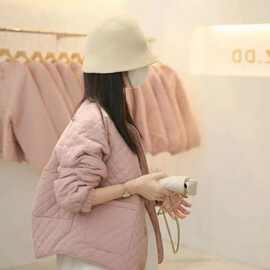 秋冬装2025新款小个子韩版宽松粉色菱格棉衣棉服女加厚小香风外套