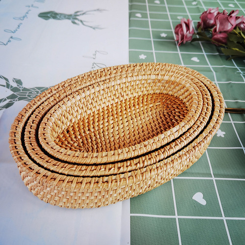 Vietnamese rattan hand-woven storage basket bread basket snack fruit small tray storage box oval three-piece set