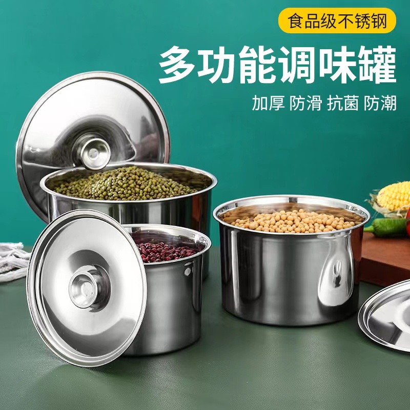 Taza de sabor de acero inoxidable Tanque de condimento Tanque de condimento Taza de hogar comercial Taza de estofado con tapa Caja de sabor Tanque de aceite con tapa Tanque redondo