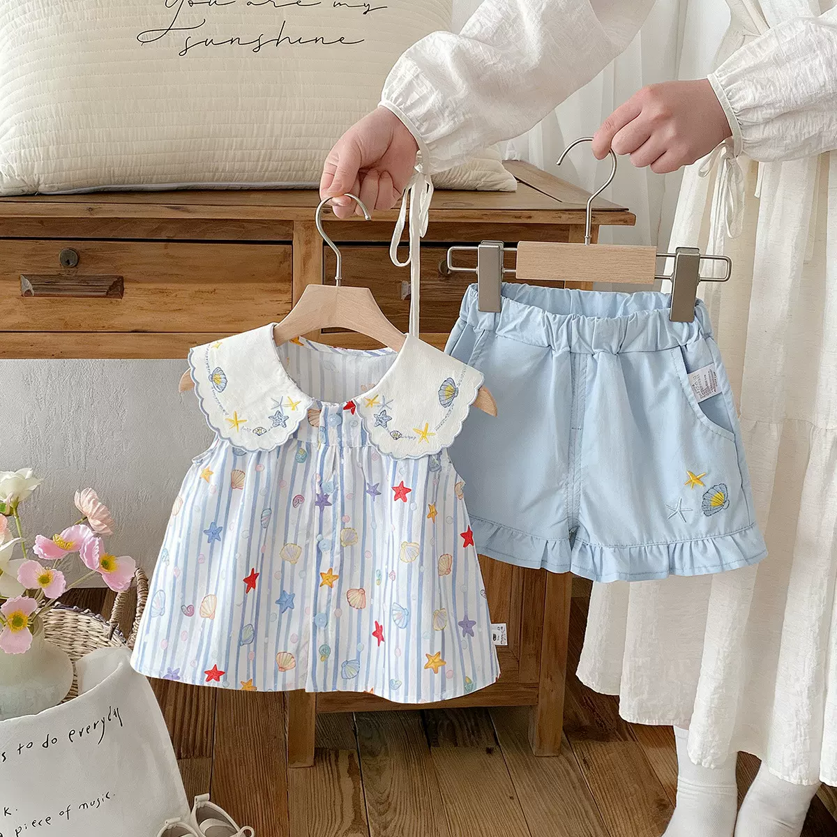 女童夏季海洋风连衣裙套装无袖上衣荷叶边短裤两件套贝壳印花童装