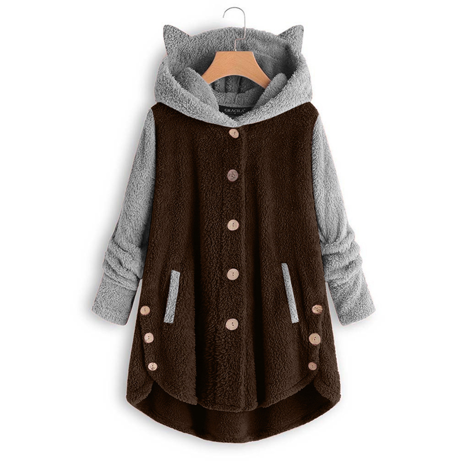 Women's Clothing autumn and winter button hooded cat ear plush top irregular brand color matching jacket for women_voghion.com