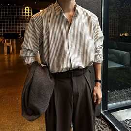 高级感条纹休闲衬衫男长袖痞帅内搭衣服免烫黑色男士衬衣春秋上衣