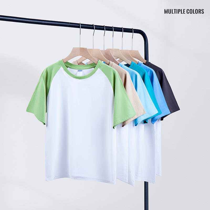 Verano nuevo 200g Raglan color a juego de manga corta camiseta juventud algodón retro contraste suelto color cuello redondo top
