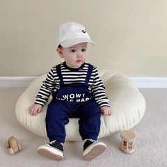 ins網紅嬰兒連體衣條紋背帶爬爬服男女寶寶假兩件連體衣長袖潮范