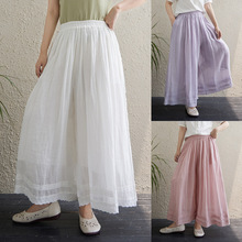 日系森系 蕾丝花边棉麻裤裙 复古百搭松紧腰双层阔腿裤