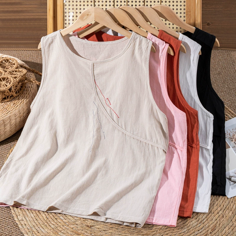 Однотонный жилет из хлопка и льна в китайском ретро-национальном стиле с вышивкой, летний новый стиль, удобный свободный топ без рукавов с круглым вырезом