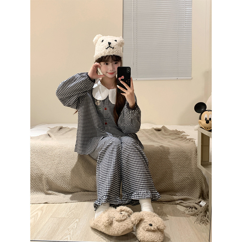 少女可爱娃娃花瓣领长袖睡衣女春秋款2025新款格子长裤居家服套装|undefined