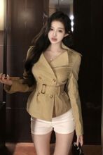 英伦风气质短款西装翻领风衣女春秋款韩系双排扣修身收腰系带上衣