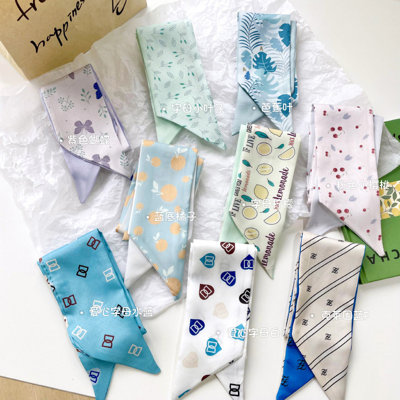 Primavera y verano de mujeres delgadas y largas bufandas de seda nuevas multifuncionales ataduras de cabello bolsa correa de cabello bufandas