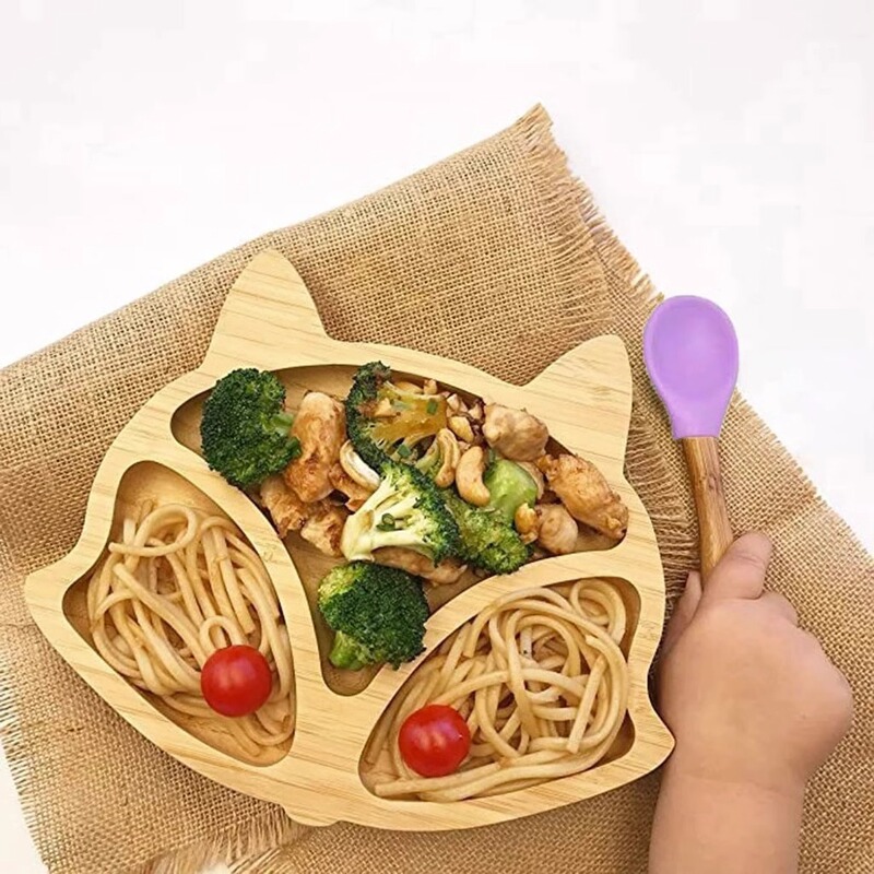 Baby Bamboo Dinner Plate Cartoon Kidsren's Plate with Suction Cup Silicone Spoon Set Bamboo Spoon Dinner Plate Nan Anti-Fall Baby Bowl