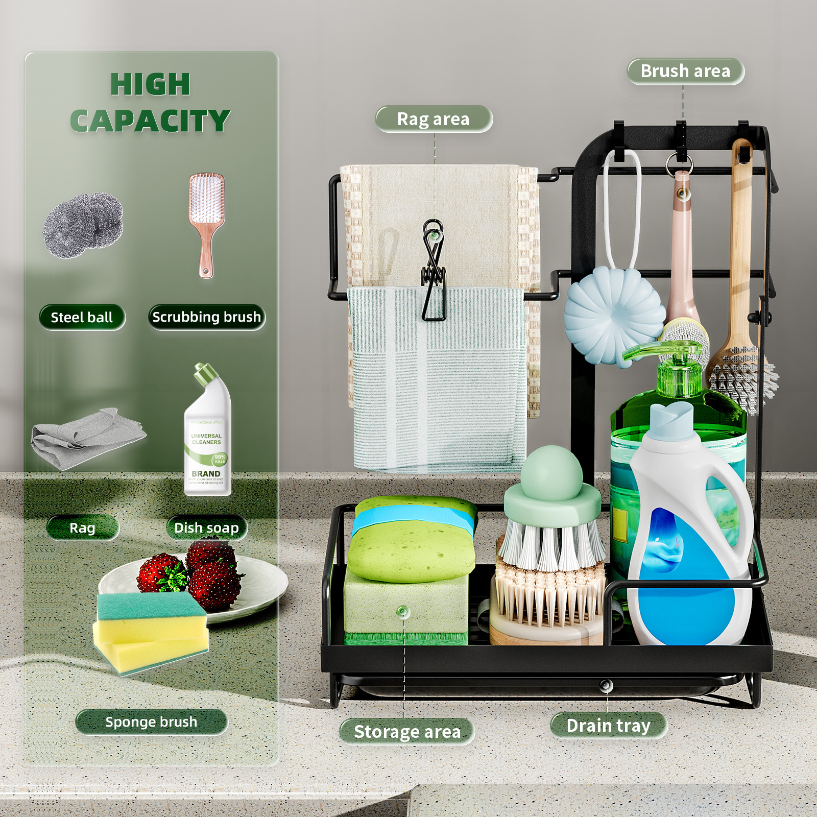Rack de toallitas de cocina con varilla Rack de toallitas de lavado de platos Rack de almacenamiento de artículos de cocina Rack de esponja de drenaje Rack de escritorio