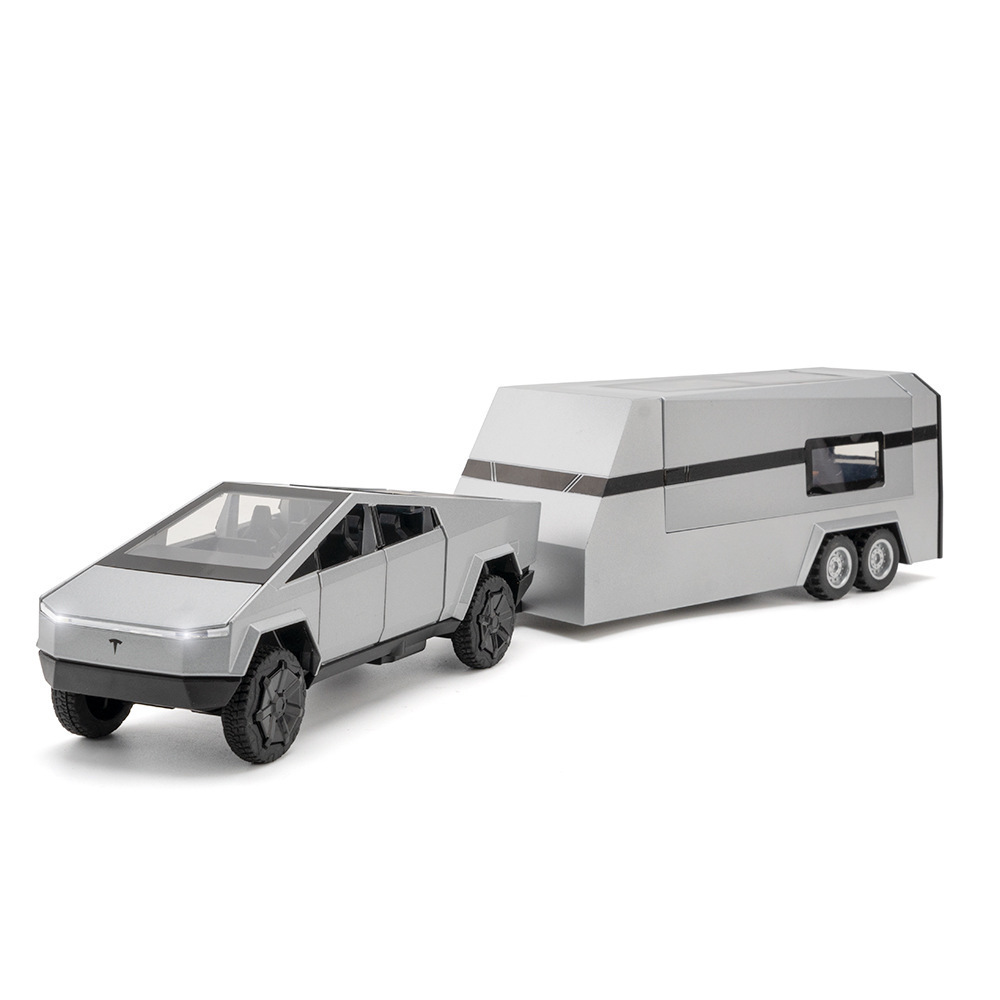 Nuevo modelo de coche de aleación Haodi 1:32 tesila camioneta remolque Tire hacia atrás el sonido y la luz juguete coche RV modelo adornos