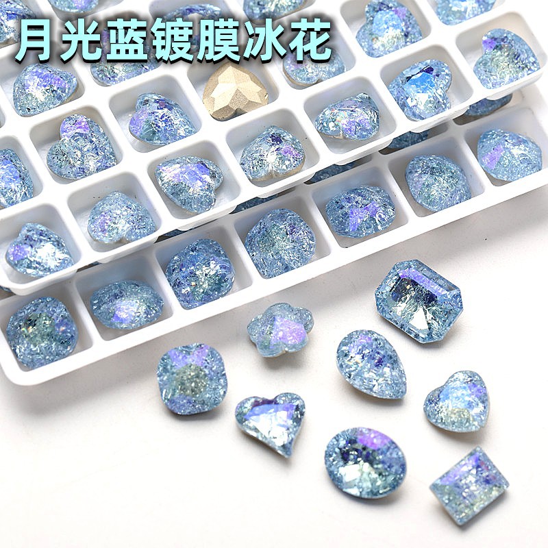 새로운 뾰족한 바닥 지방 사각형 라이트 블루 달빛 얼음 꽃 코팅 네일 드릴 diy 전화 케이스 유리 다이아몬드 네일 쥬얼리 착용