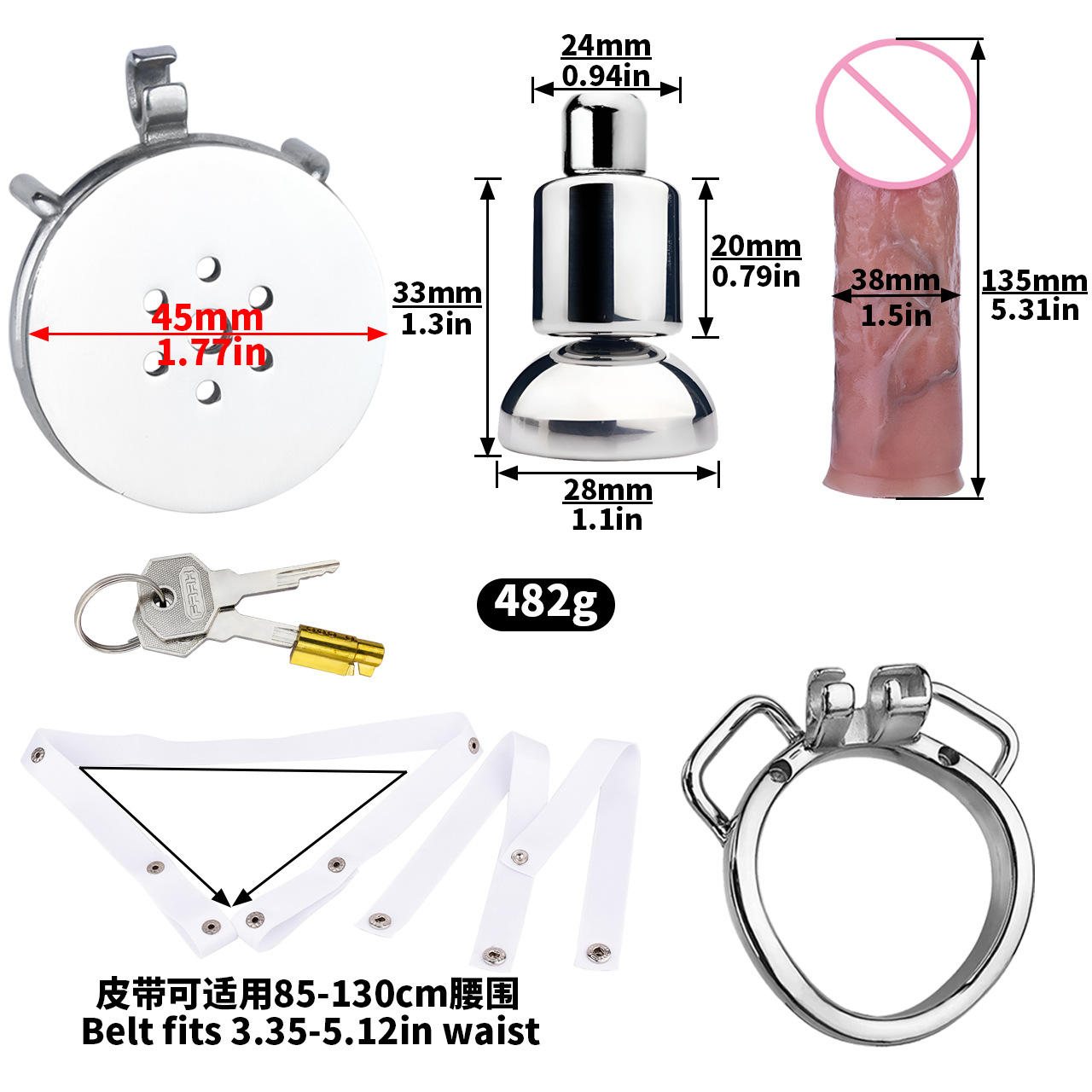 [3176a] k-04a 40mm arc ring + urine support base + m size penis + pu-5 white elastic belt
