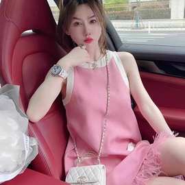 欧韩2024新款法式高级感小裙子洋气减龄粉色无袖背心连衣裙女夏