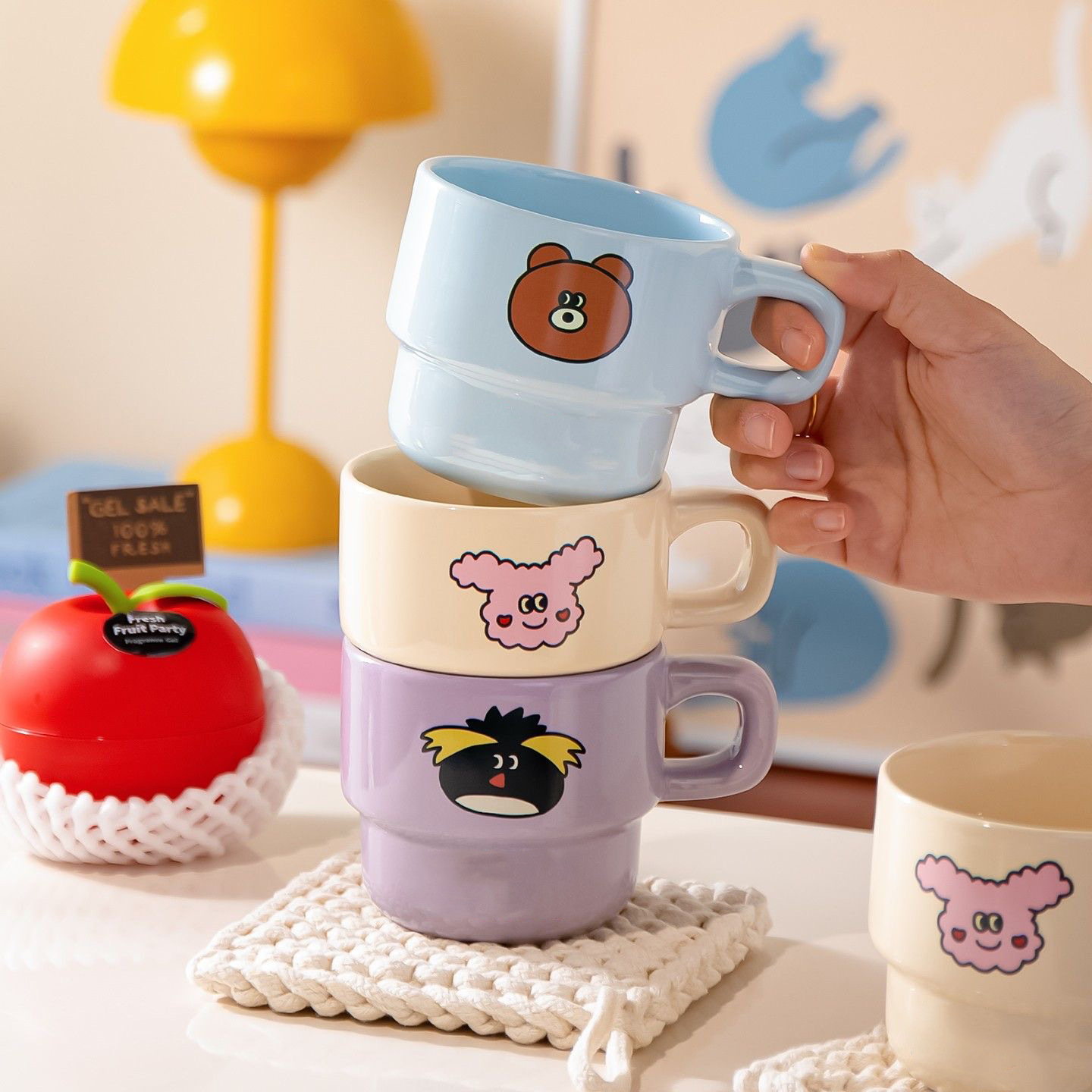 Tazas apilables de colores, tazas de cerámica, tazas de café de dibujos animados, tazas para parejas, tazas de cerámica con logotipo personalizado