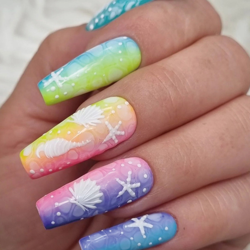 2025 Long European Square Manicure Patches, Multi-Color Star Smudged Pattern Fake Nail Patches, Removable Press-On