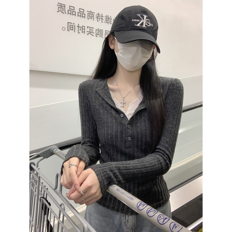 韩版纯欲蕾丝花边纽扣假两件磨毛打底衫T恤女秋季辣妹修身短上衣|undefined