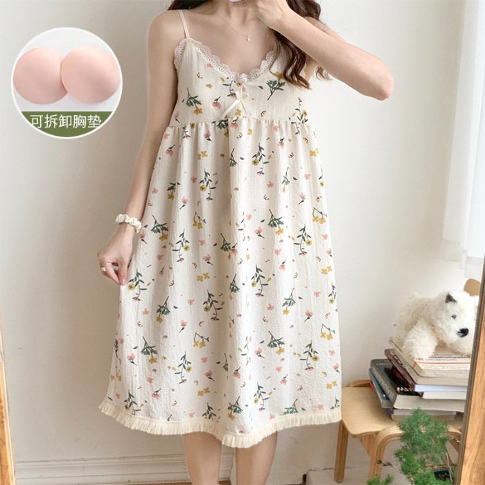 Verano desmontable Camisón con almohadilla en el pecho de las mujeres dulce lindo Sling tejido burbuja algodón vestir prendas exteriores homewear