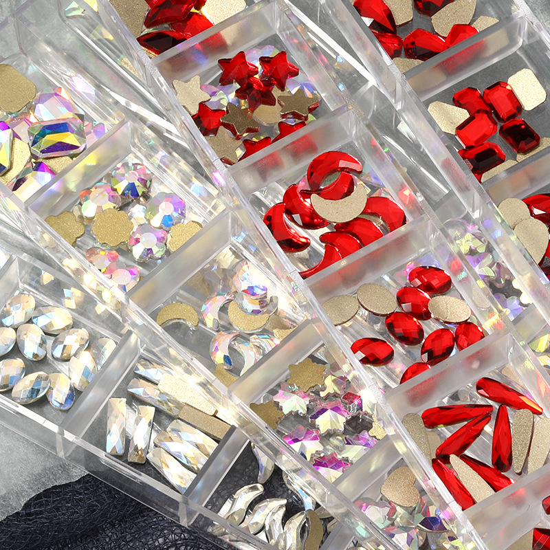 Accesorios de diamantes de uñas transfronterizos 12 traje de rejilla en caja plana de forma especial de diamantes de imitación de color de cristal de diamante pegatinas de joyería de uñas