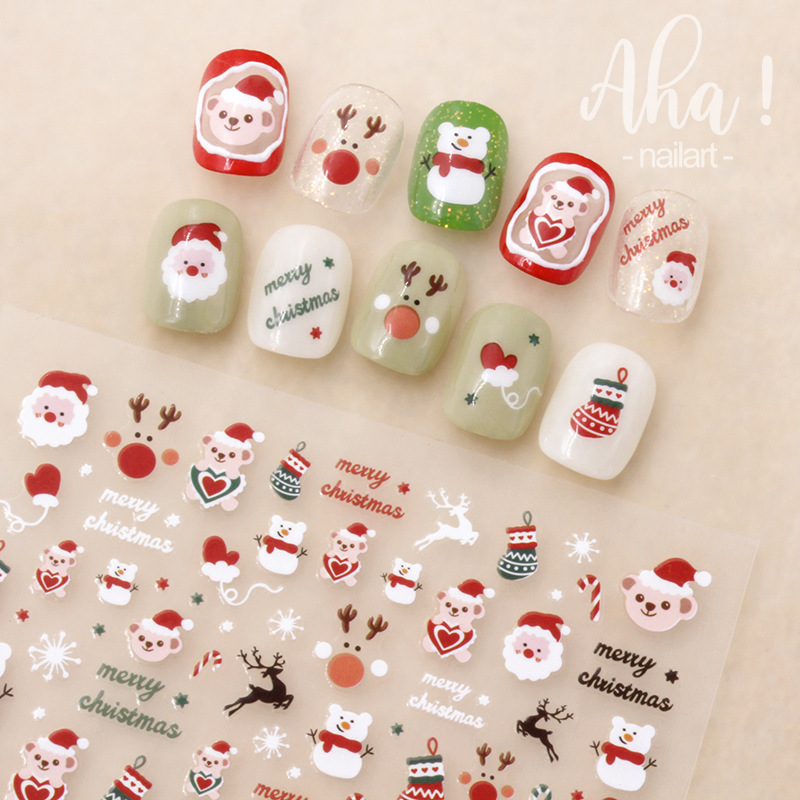 Aha Nail Glue Sticker Christmas Old Man Cartoon Little Elk Bear Snowflake Colorful Nail Decoration Decal