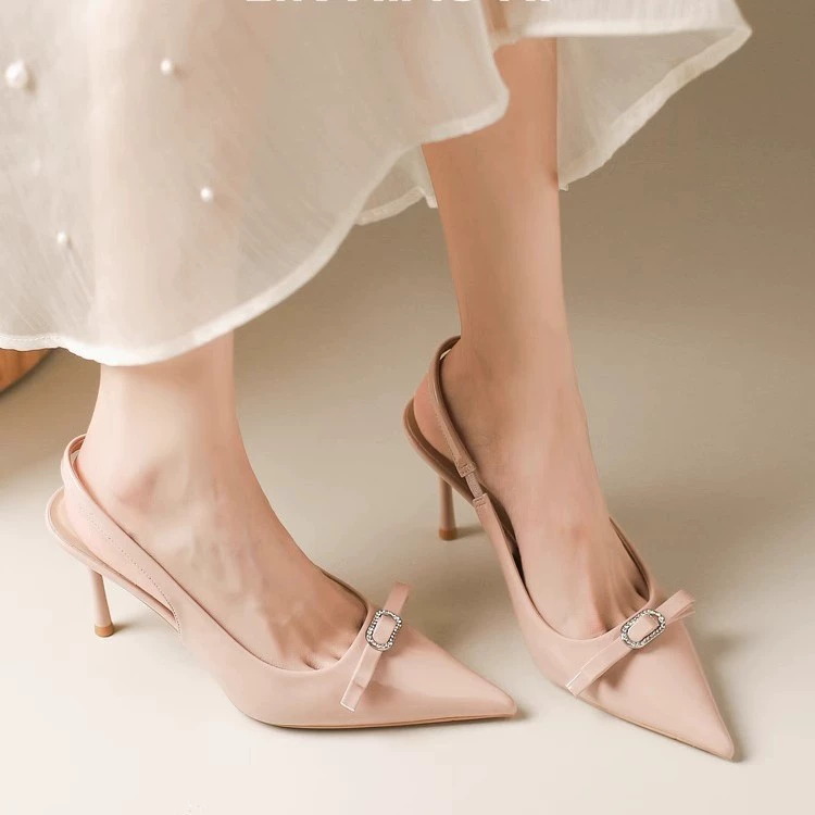 Весенне-летние женские туфли-лодочки во французском стиле, на шпильке, с острым носком, с бантом из страз, с открытым каблуком, закрытые сандалии, на шпильке с острым носком.