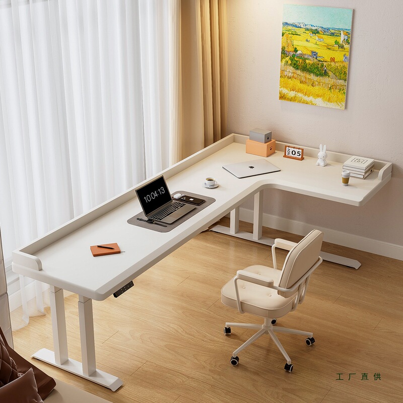 Corner Lift Table White Solid Wood Corner Workbench L-Shaped E-Sports Office Desk Electric Lift Computer Desk