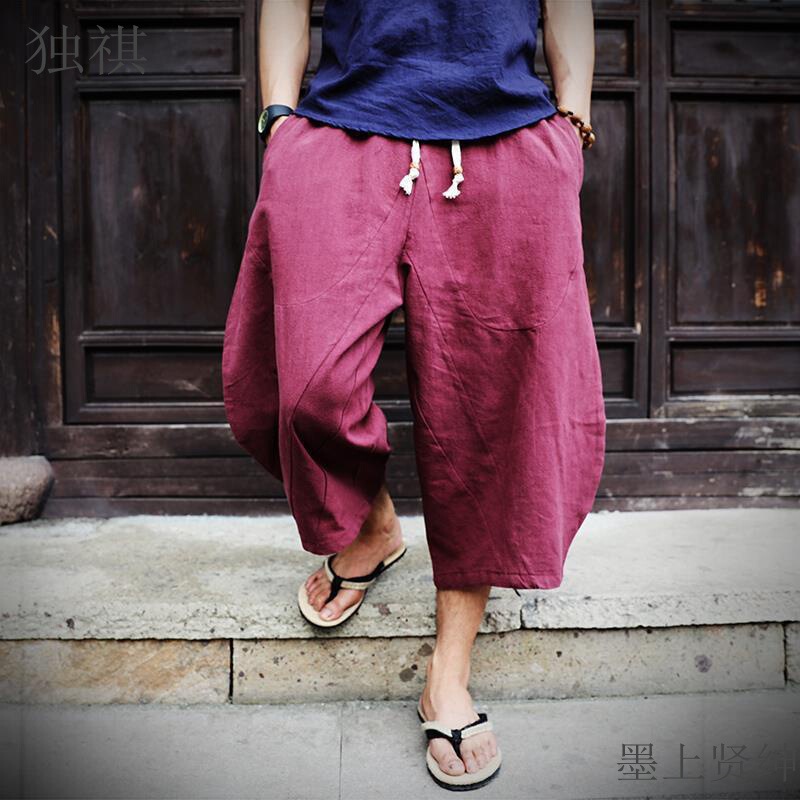 Loose plus size Cotton Linen 7 Capri Pants Trendy Chinese Style Men's Big Pants Pants Fat Man Wide Leg Linen Casual Shorts Summer