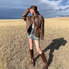 品质款2025年秋季御姐风私服名媛涤纶POLO领摩登常规新潮女式皮衣