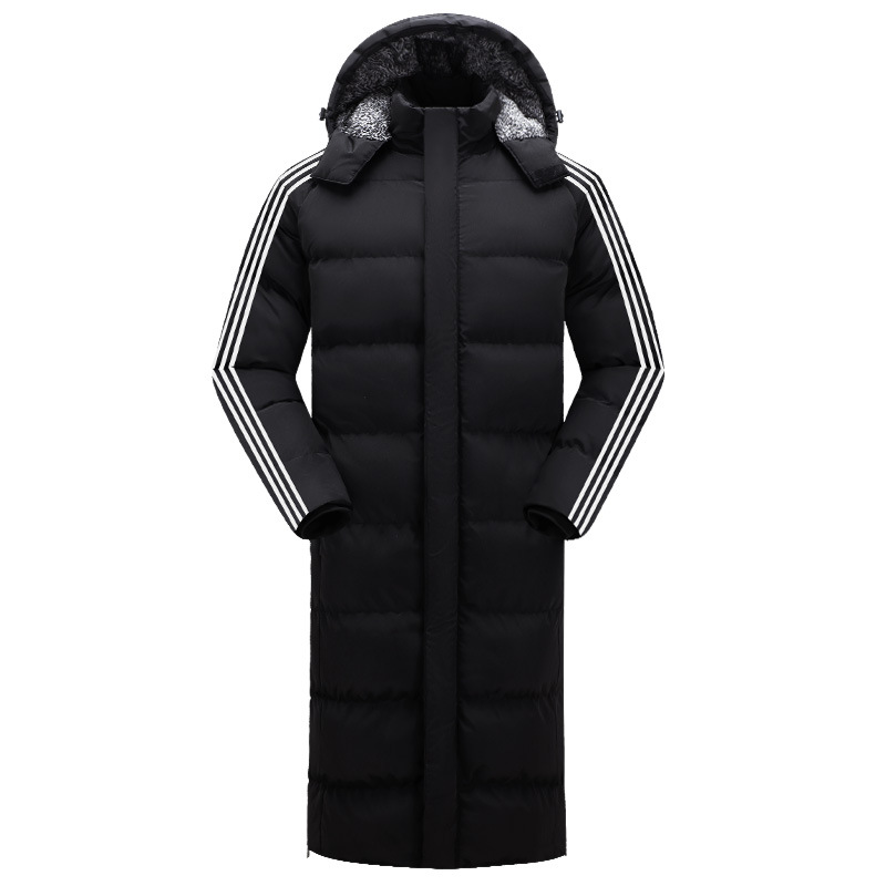 Outdoor thickened long cotton coat for men and women, over-the-knee cotton jacket with three stripes, windproof and warm outerwear, extra large size