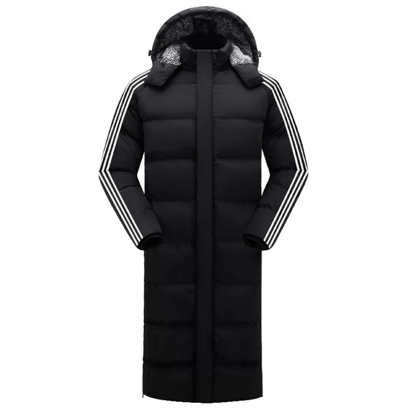 Outdoor thickened long cotton coat for men and women, over-the-knee cotton jacket with three stripes, windproof and warm outerwear, extra large size