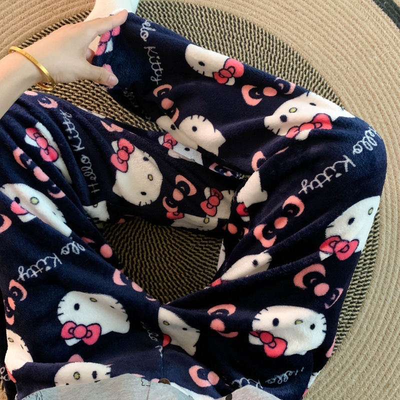 Pantalones de pijama de franela de dibujos animados de otoño y invierno para mujeres con pantalones de lana de coral caliente para estudiantes de lana de invierno para el hogar