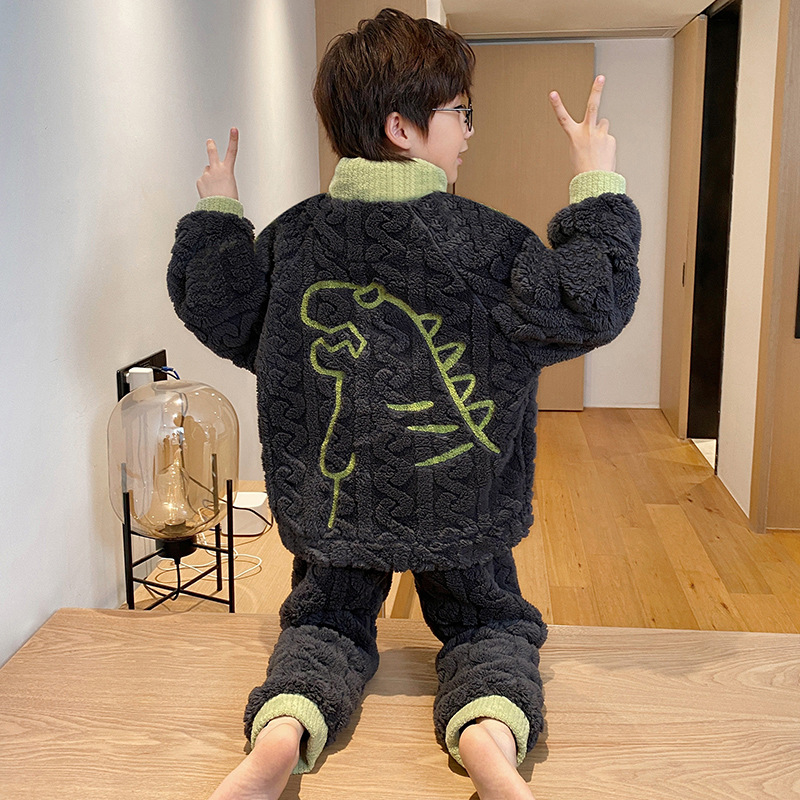 2025 New Boys' Pajamas for Autumn and Winter, Thickened Coral Fleece Children's Dinosaur Flannel Loungewear for Older Boys