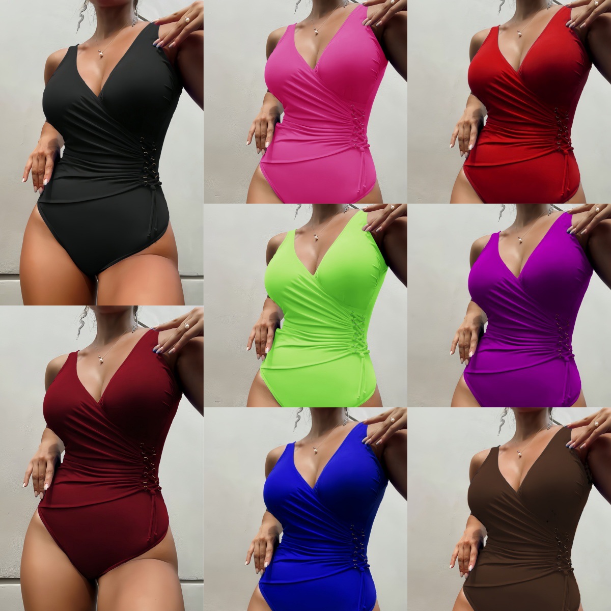 Women's one-piece swimsuit Amazon new European and American beach conservative cross-border solid color sexy fashion high waist swimming suit