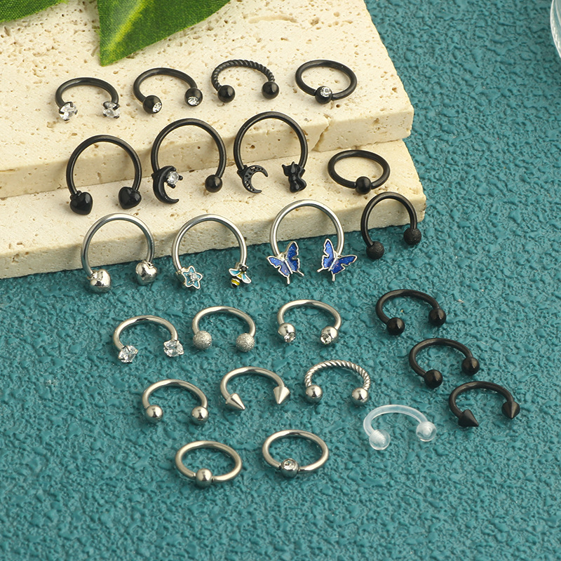 24 Pieces Stainless Steel Love Star Nose Ring Horseshoe Septum Earring Set Body Piercing Jewelry detail image 7