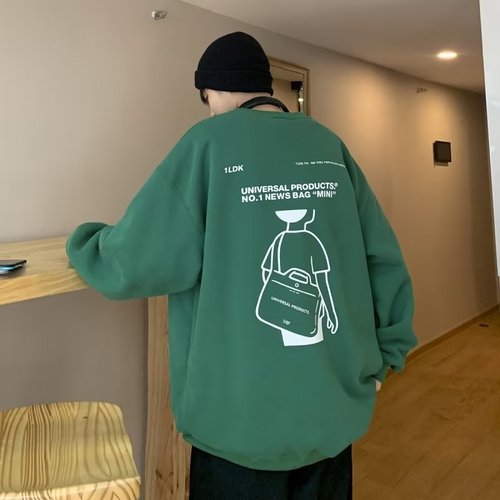 Men's Hong Kong Style Sweatshirt, Ins Trendy Brand Loose Casual Sweatshirt for Boys, Winter Warm Fleece Jacket, Youth Round Neck Capless Top