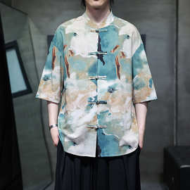 2024夏季中国风男装短袖衬衫大码宽松印花衬衣汉服男士水墨画中袖