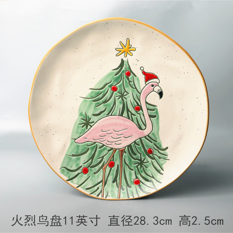ヨーロッパ式円形大皿陶磁器手描き釉薬下果物クリエイティブケーキ皿家庭用料理皿円形ステーキ皿皿皿|undefined