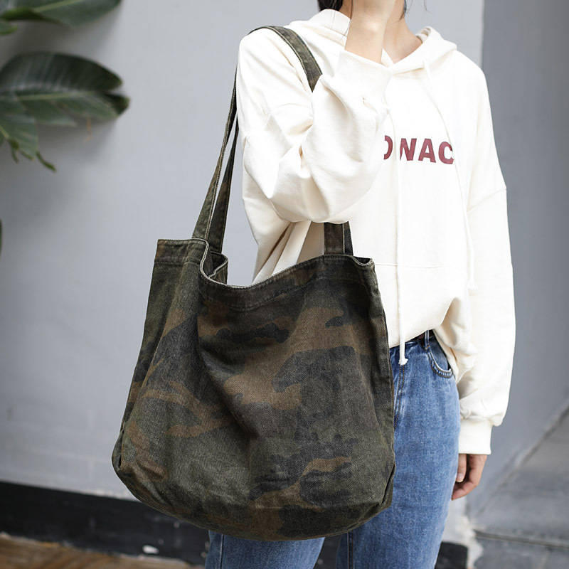 Korean style simple navy canvas women's bag casual large capacity camouflage handbag Internet celebrity retro washed shoulder Women's bag