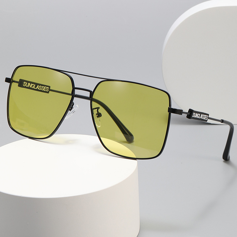 Retro Metal Double Beam Large Frame Anti-high Beam Color Changing Polarized Sunglasses For Men Day And Night Driver Driving Sunglasses