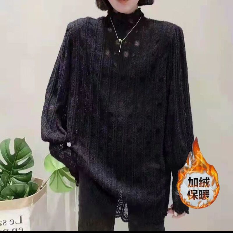 Autumn Plus-Size Lace Shirt for Chubby Girls, Brushed Fleece, Fashionable and Stylish Long-Sleeve Slimming New Lace
